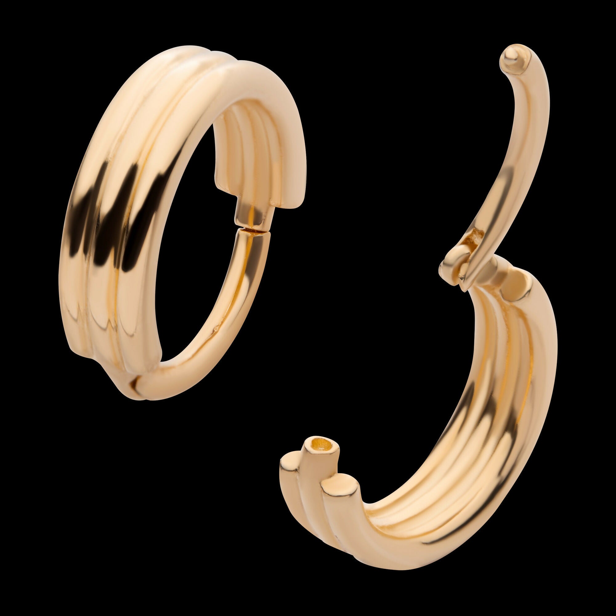 Triple Stack Design Side Facing Hinged Segment Clicker Hoop Earring / Nosering – 14Kt Yellow Gold