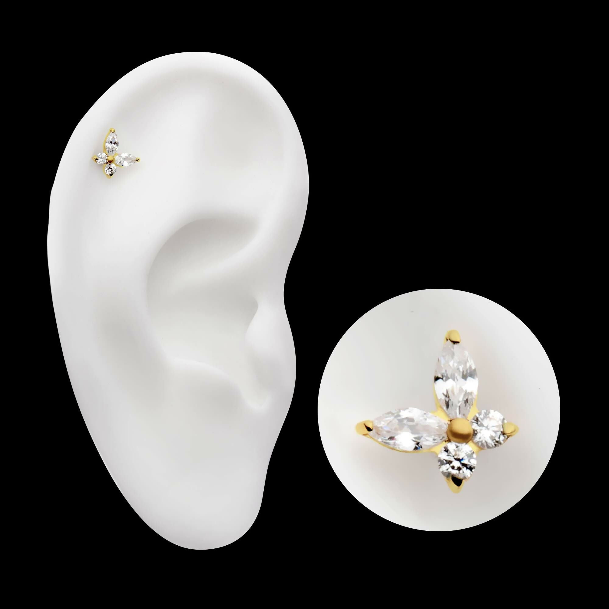 24Kt Gold PVD Titanium Threadless Prong Set Marquise & Round CZ Butterfly Top