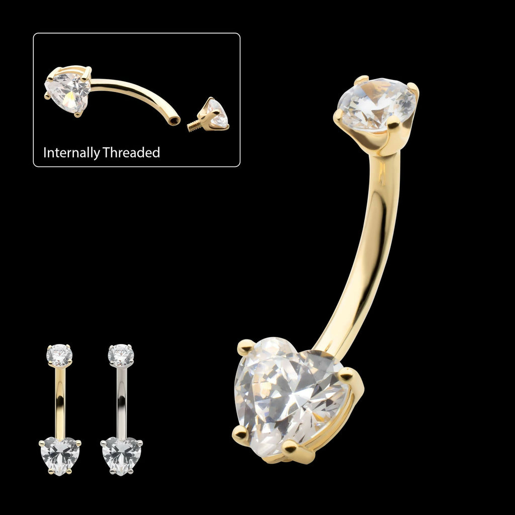 14Kt Gold Internally Threaded 4-Prong Round & Heart Clear CZ Fixed Bottom Navel