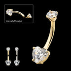 14Kt Gold Internally Threaded 4-Prong Round & Heart Clear CZ Fixed Bottom Navel