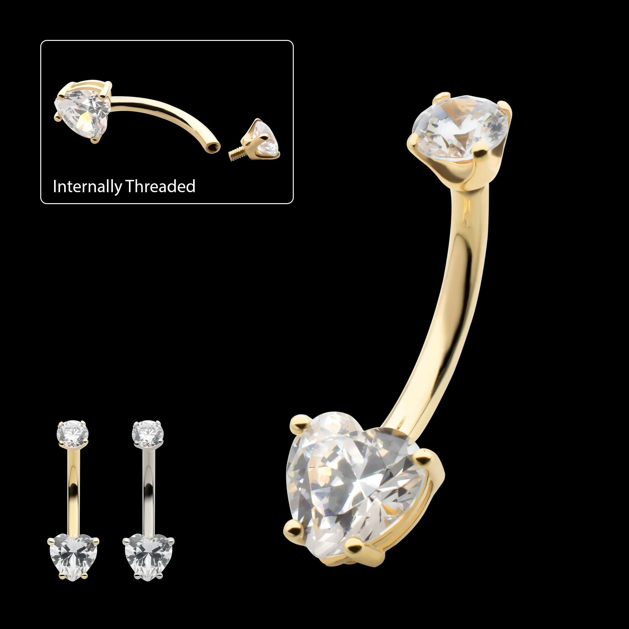 14Kt Gold Internally Threaded 4-Prong Round & Heart Clear CZ Fixed Bottom Navel