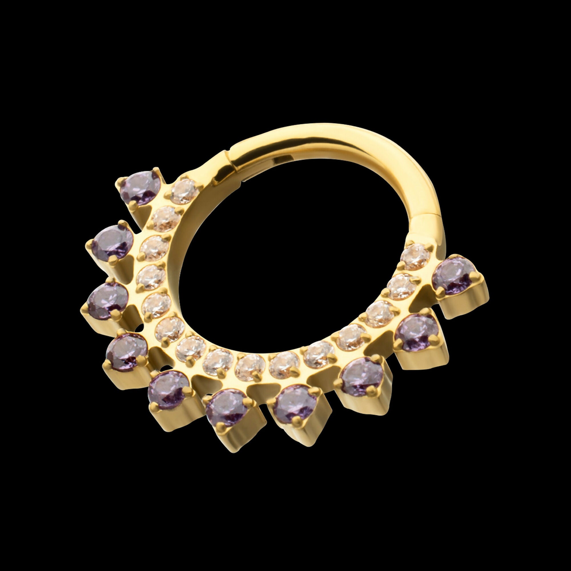 24Kt Gold PVD Titanium Double Row CZ Multi-Gem with Clear CNC Set Inner Gem Front Facing Hinged Segment Clicker Hoop Earring / Nosering