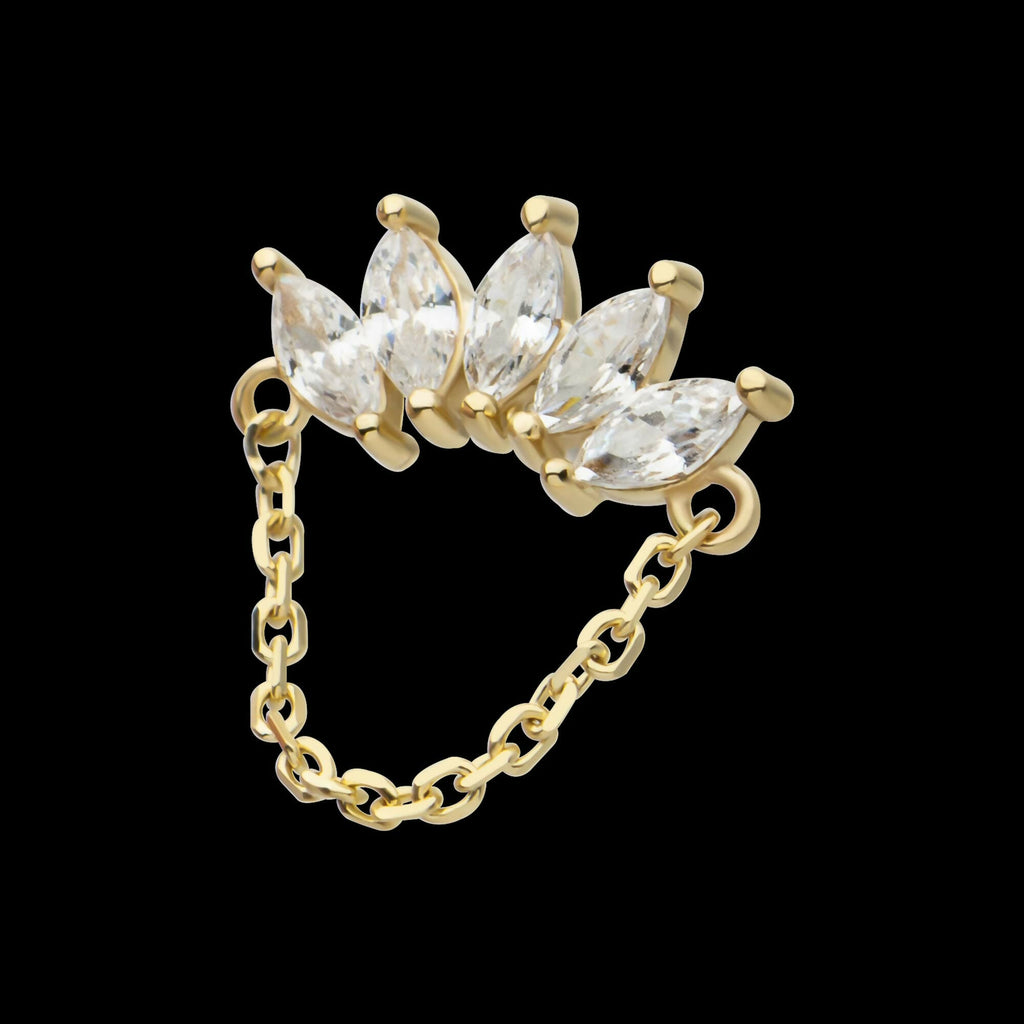 14Kt Gold Threadless 5 Cluster Marquise Prong Set Gem Fan Top with Chain Dangle