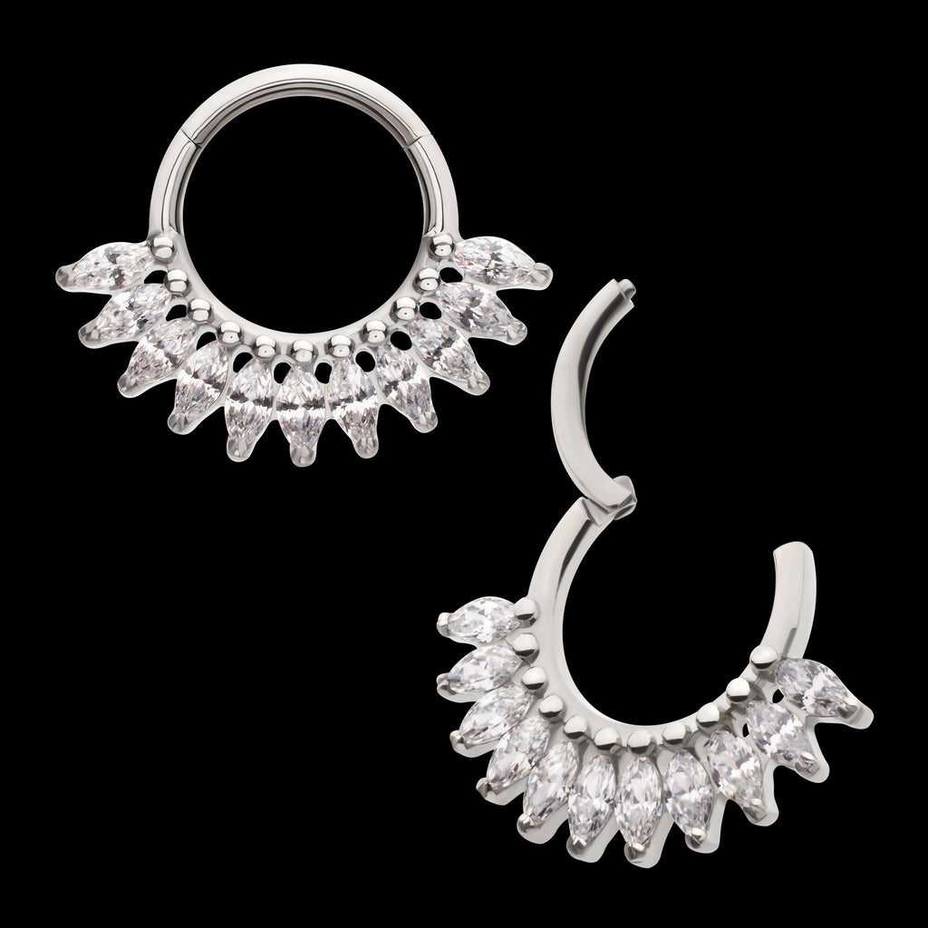 Prong Set Marquise Gem Cluster Fan Front Facing Hinged Segment Clicker Hoop Earring / Nosering – Titanium