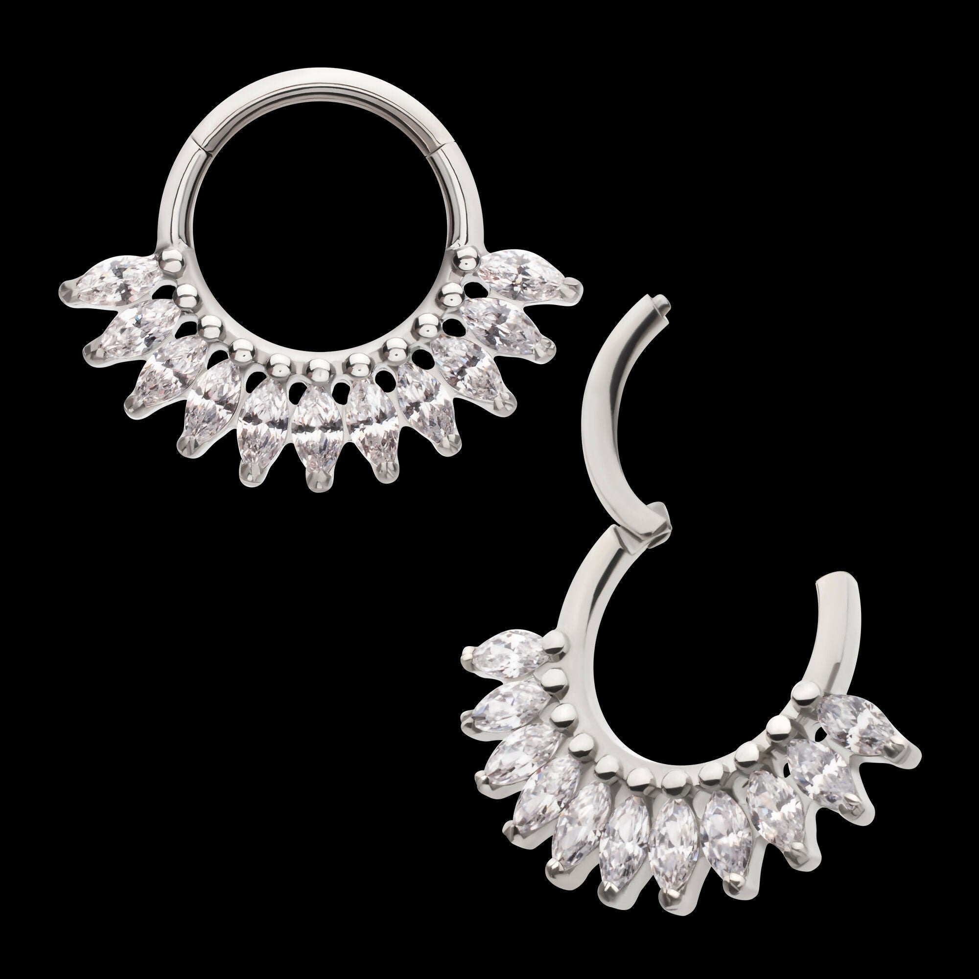 Prong Set Marquise Gem Cluster Fan Front Facing Hinged Segment Clicker Hoop Earring / Nosering – Titanium