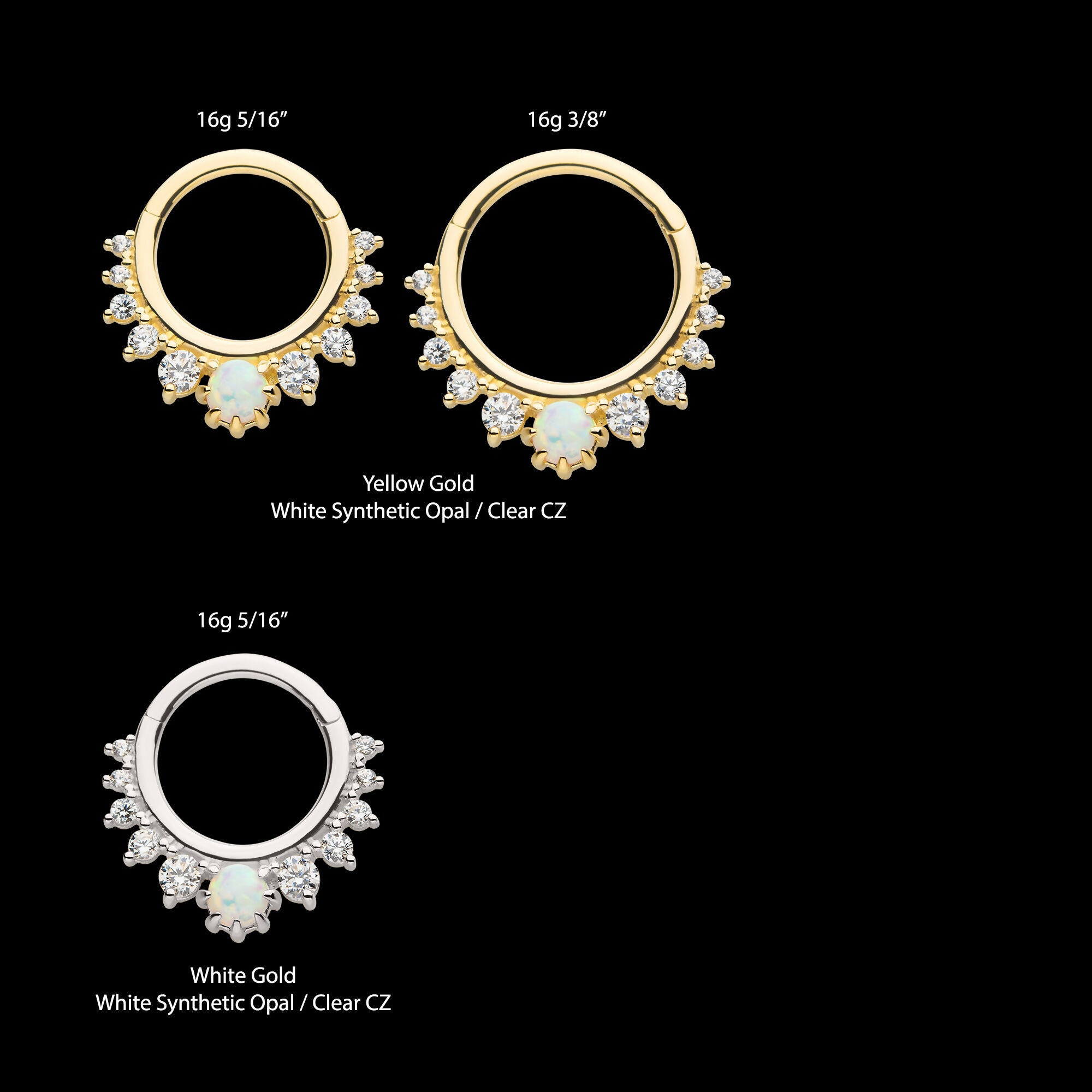 Prong Set Gem Cluster with 3mm White Opal Front Facing Hinged Segment Clicker Hoop Earring / Nosering – 14Kt Gold