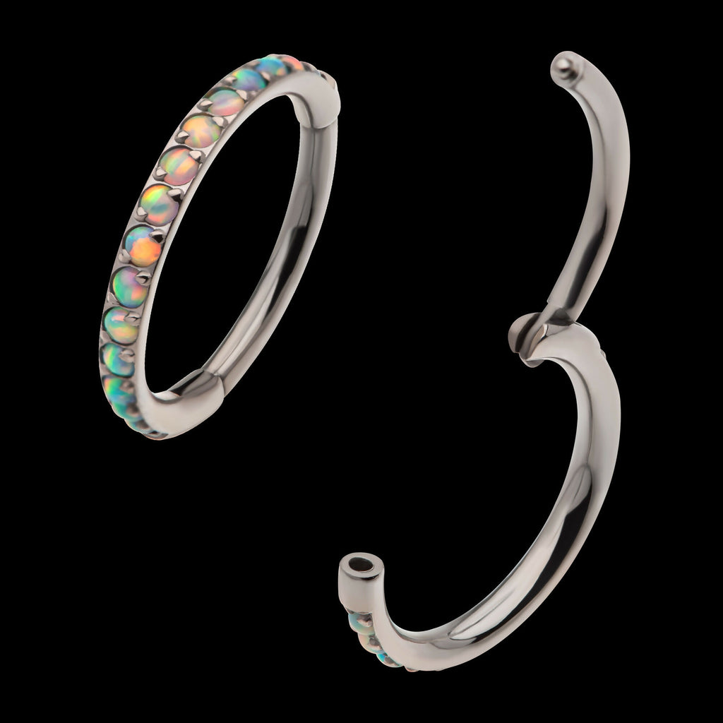 1mm CNC Set White Opal Eternity Gem Titanium Side Facing Hinged Segment Clicker Hoop Earring / Nosering