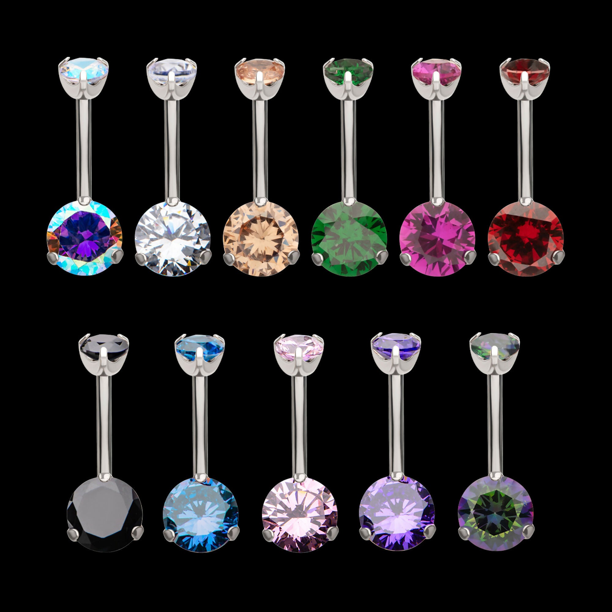 Internally Threaded Double 3-Prong Round Gem Fixed Bottom Navel Earring / Nosering – Titanium