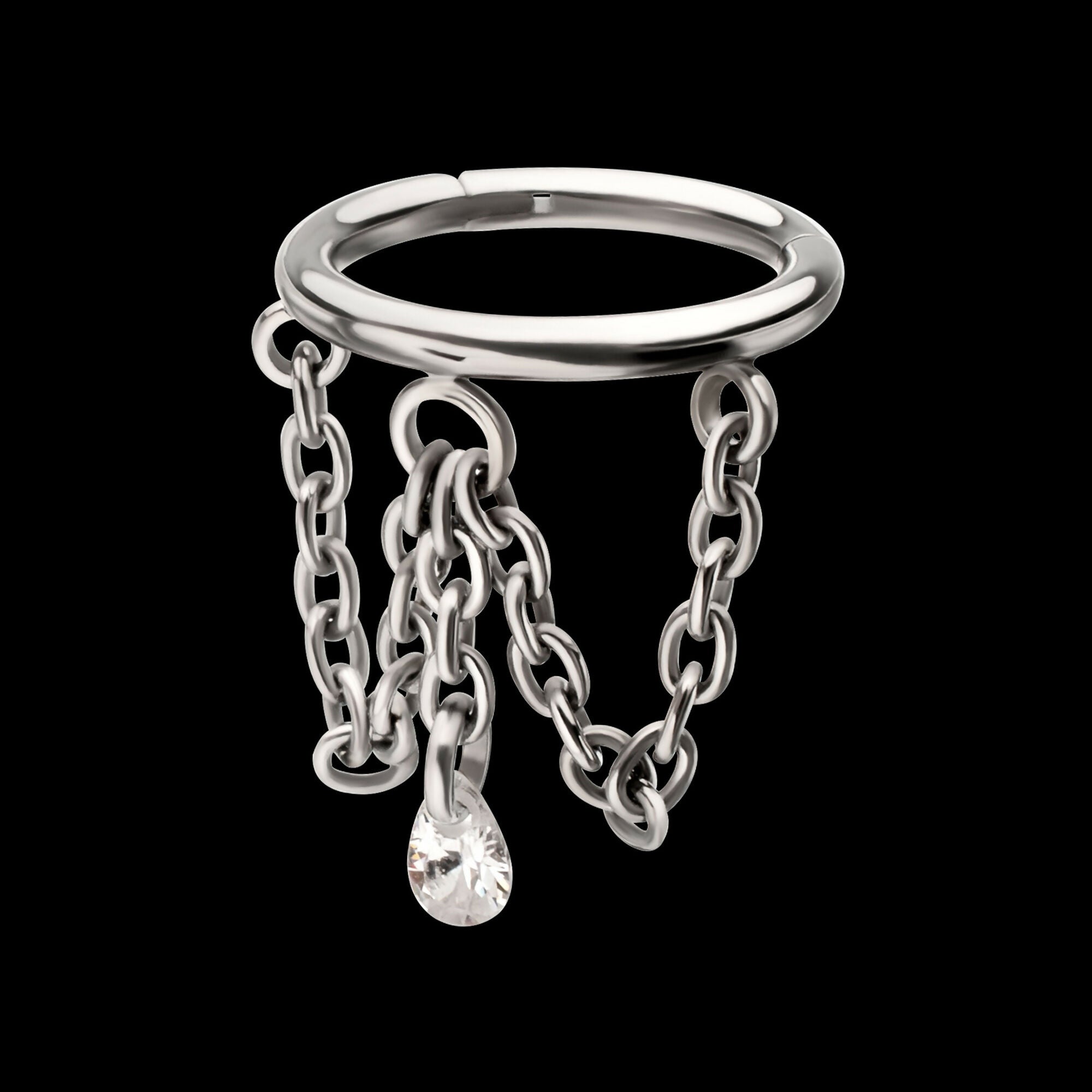 Triple Chain Dangle with Floating Teardrop Gem Hinged Segment Clicker Hoop Earring / Nosering – Titanium