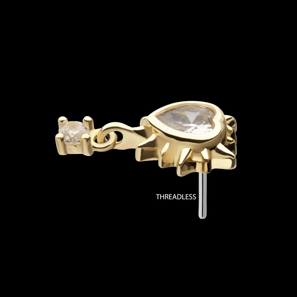 14Kt Yellow Gold Threadless Spike Edge Bezel Heart Gem Top with Prong Set Round Dangle