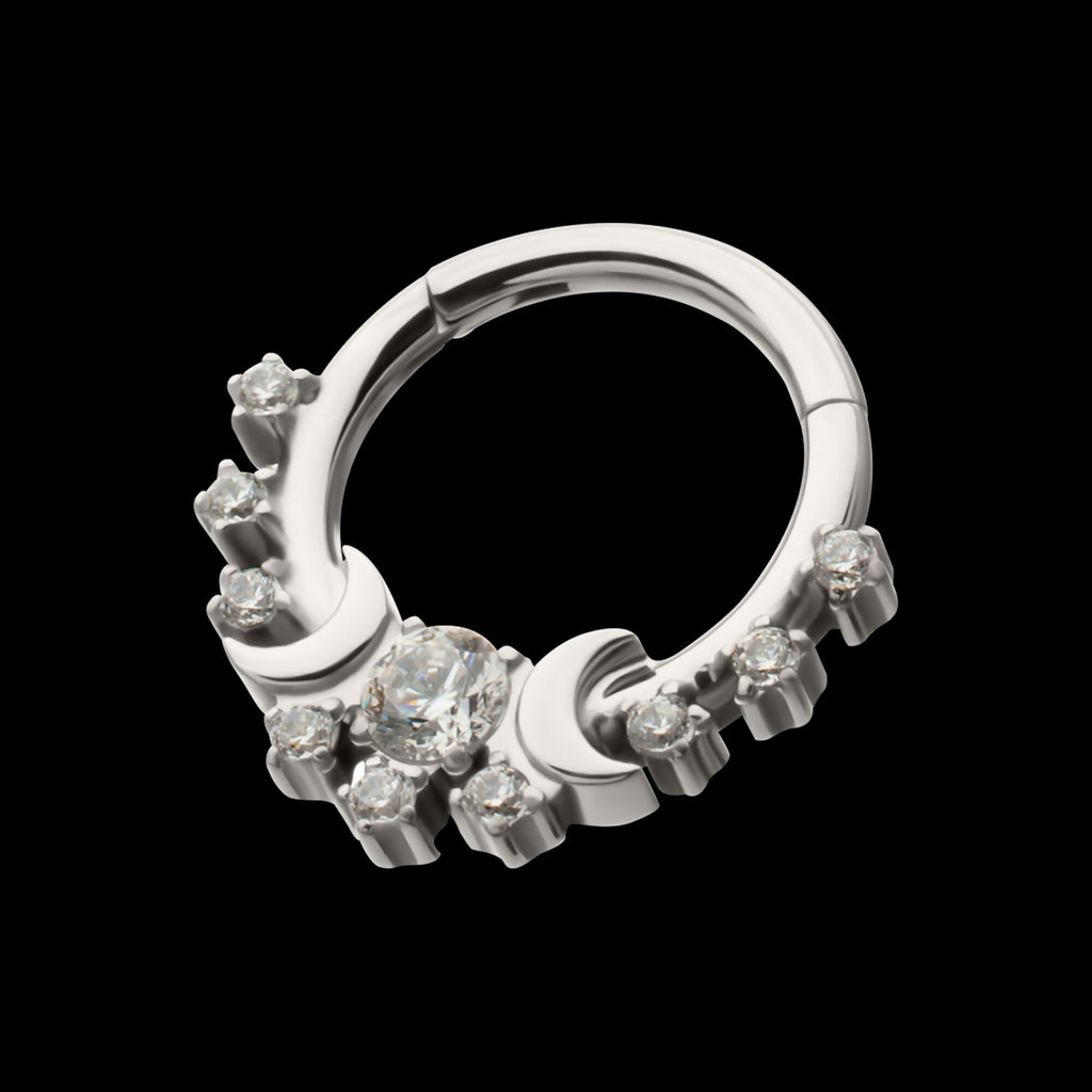 Triple Moon Phase with Prong Set Gem Cluster Front Facing Hinged Segment Clicker Hoop Earring / Nosering – Titanium