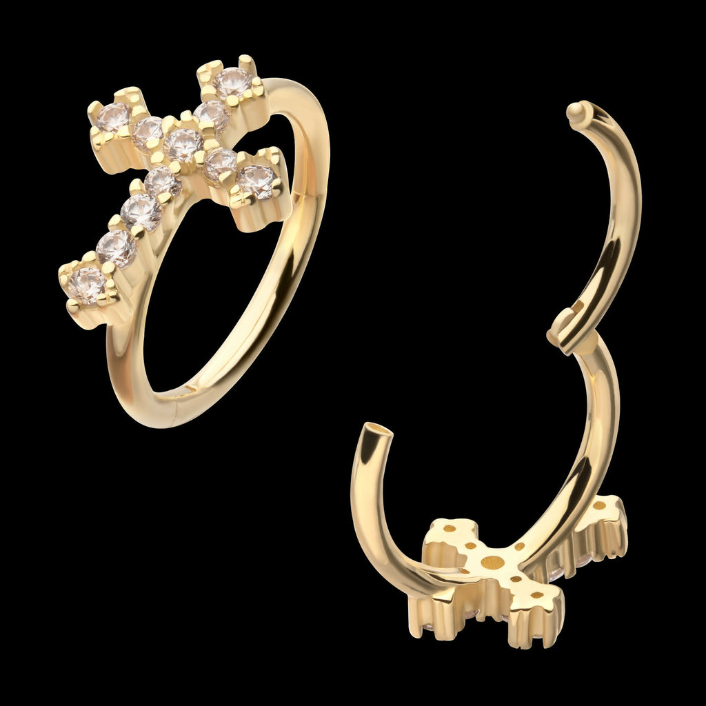 Antique Cross with Prong Set Gem Side Facing Hinged Segment Clicker Hoop Earring / Nosering – 14kt Yellow Gold