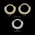 Two Row Prong Set Gem Cluster Front Facing Hinged Segment Clicker Hoop Earring / Nosering – 14Kt White Gold