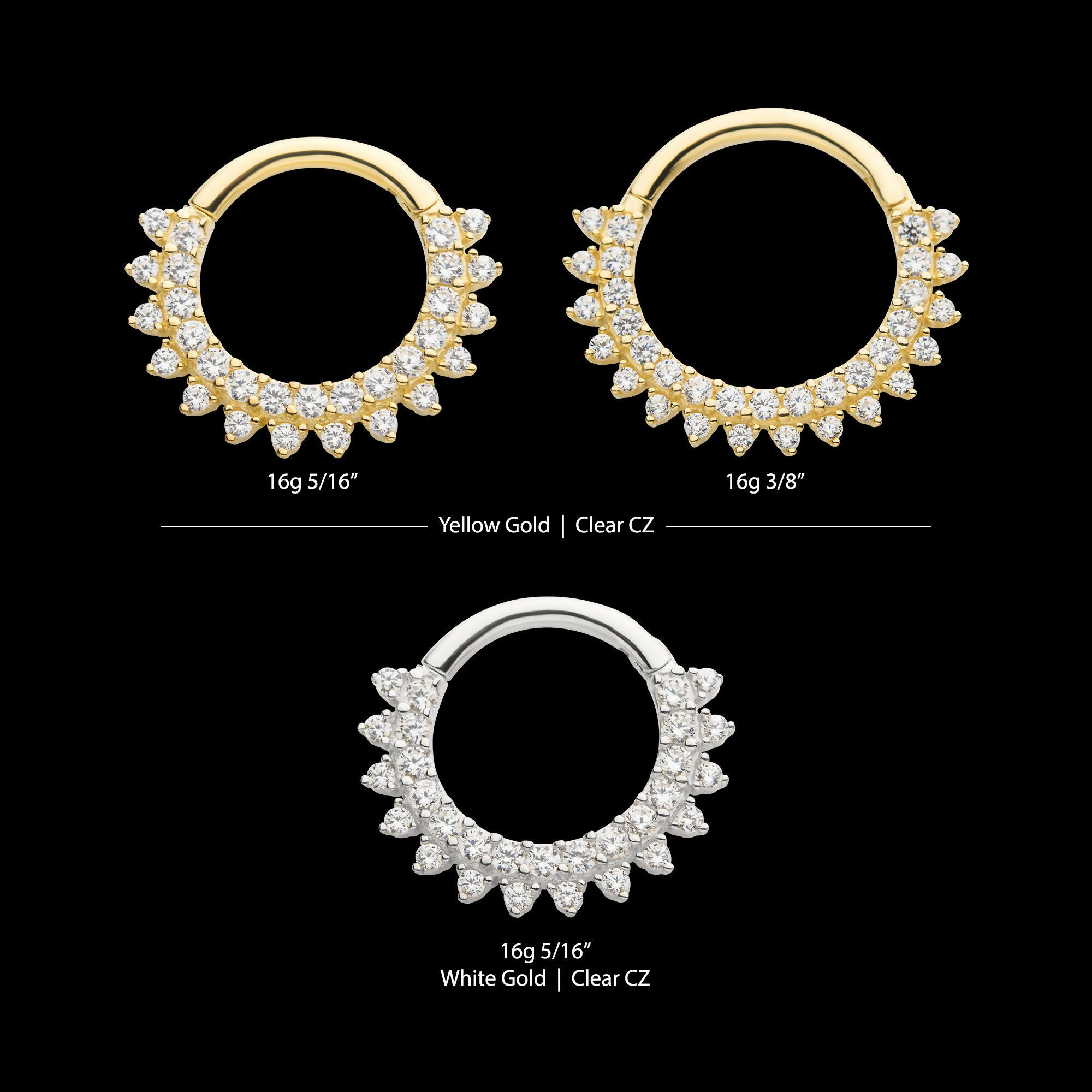 Two Row Prong Set Gem Cluster Front Facing Hinged Segment Clicker Hoop Earring / Nosering – 14Kt White Gold