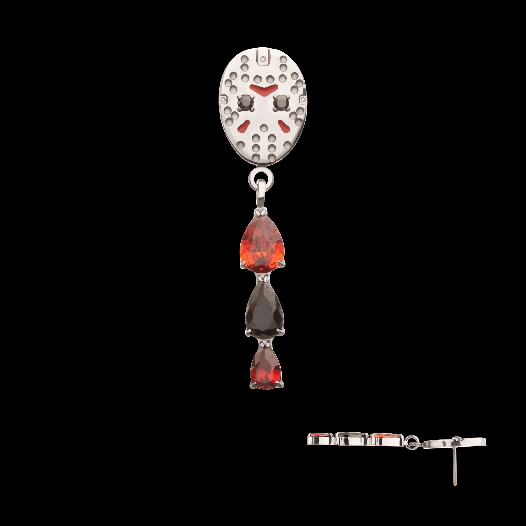 Enamel Friday The 13th Jason Mask with Garnet / Black Gem Dangle Flatback Stud Earring / Nosering - Black Gem & Garnet in Titanium