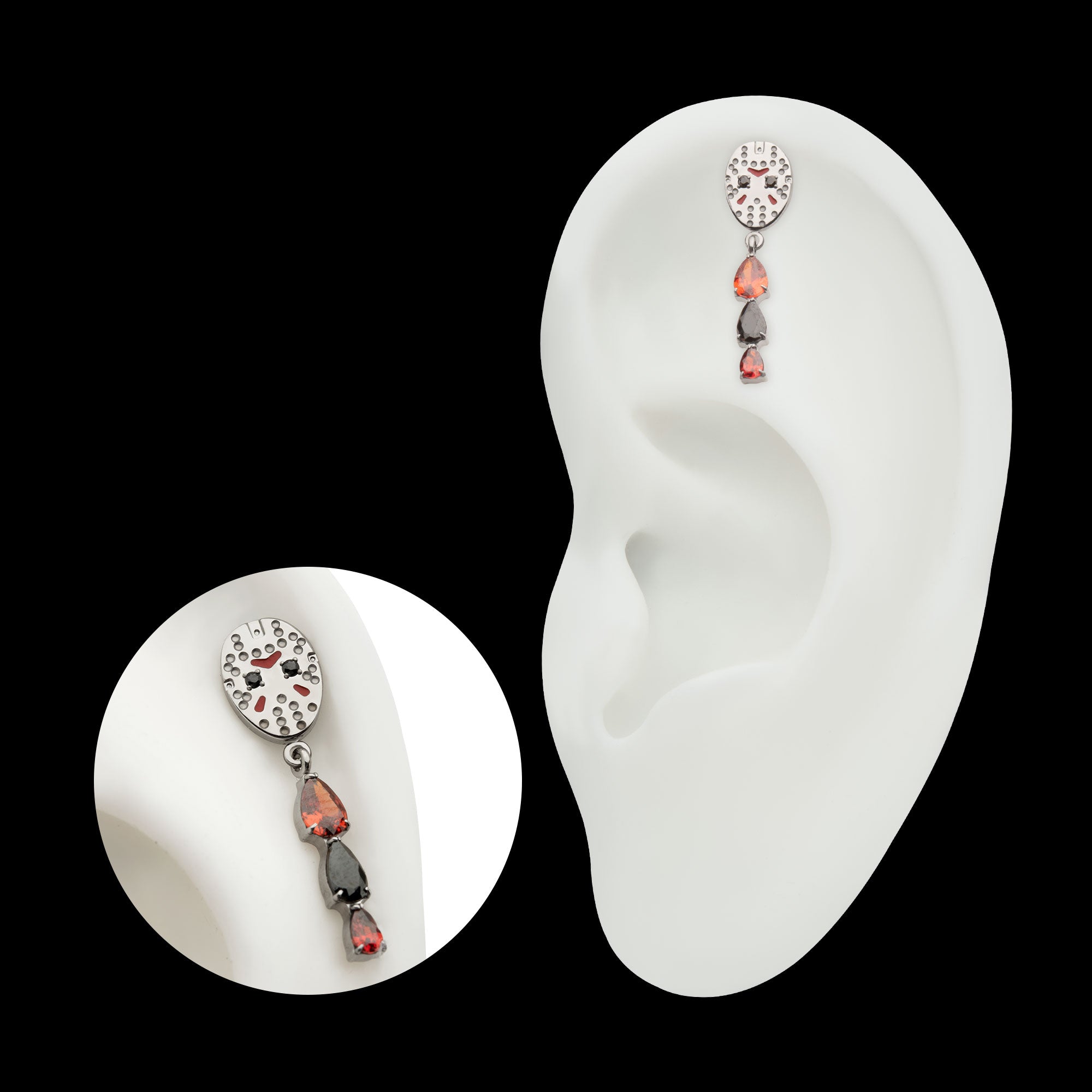 Enamel Friday The 13th Jason Mask with Garnet / Black Gem Dangle Flatback Stud Earring / Nosering - Black Gem & Garnet in Titanium