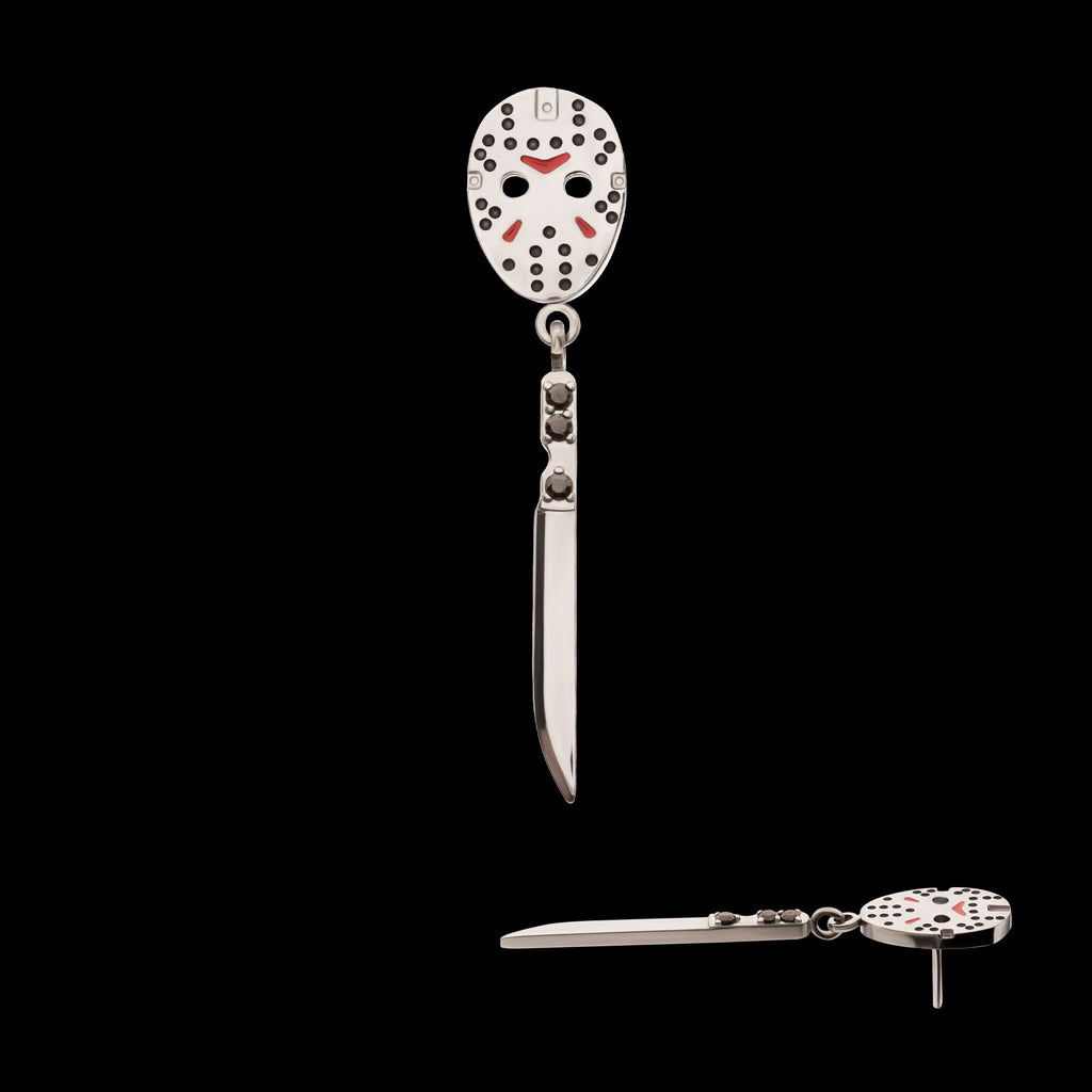 Enamel Friday The 13th Jason Mask with Black Gem Knife Dangle Flatback Stud Earring / Nosering - Black Gem in Titanium