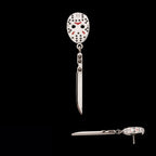 Enamel Friday The 13th Jason Mask with Black Gem Knife Dangle Flatback Stud Earring / Nosering - Black Gem in Titanium