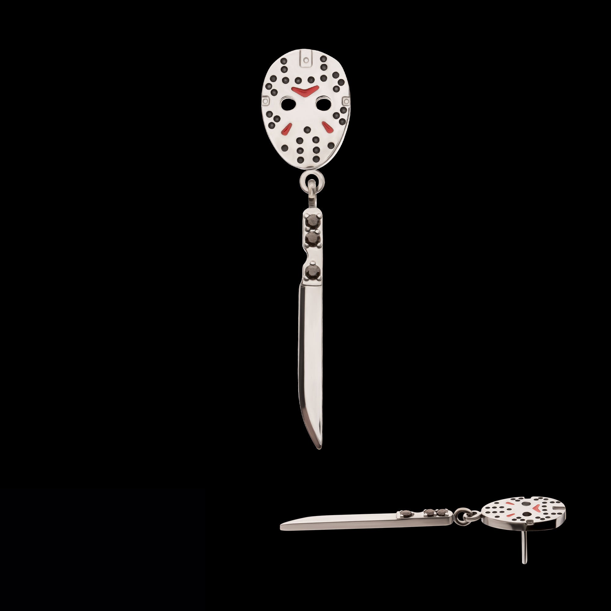 Enamel Friday The 13th Jason Mask with Black Gem Knife Dangle Flatback Stud Earring / Nosering - Black Gem in Titanium