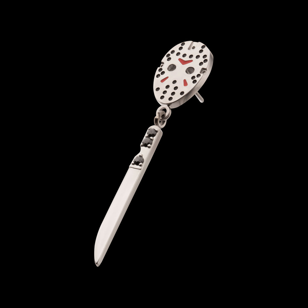 Enamel Friday The 13th Jason Mask with Black Gem Knife Dangle Flatback Stud Earring / Nosering - Black Gem in Titanium