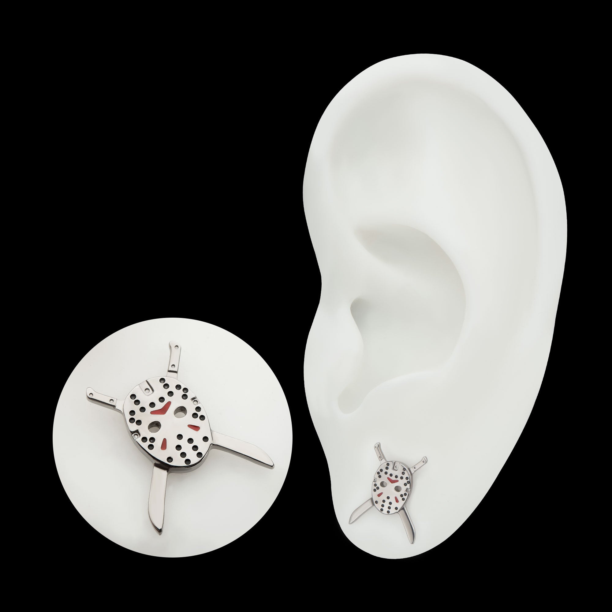 Enamel Friday The 13th Jason Mask with Crossed Machete Flatback Stud Earring / Nosering - Titanium