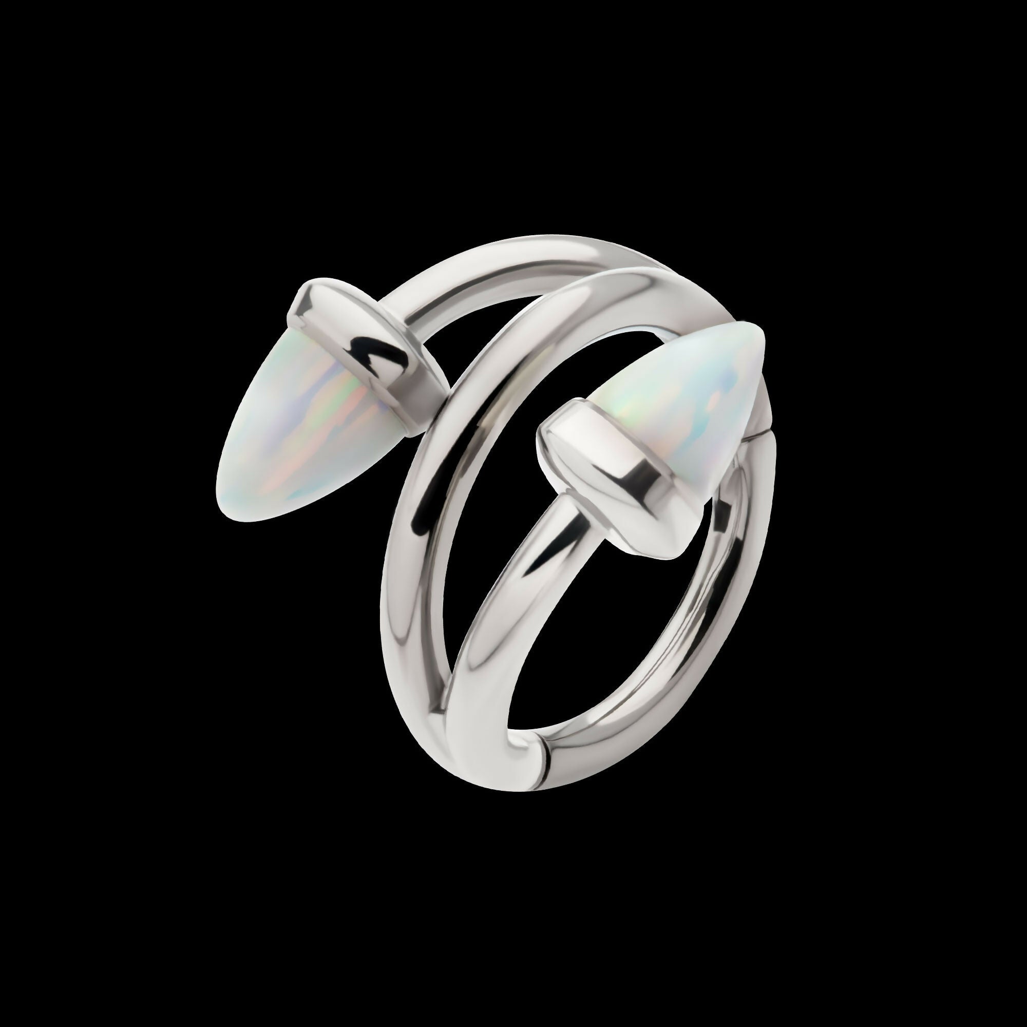 Double Ended Twist Side Facing Hinged Segment Clicker with Spike White Opal Hoop Earring / Nosering – Titanium