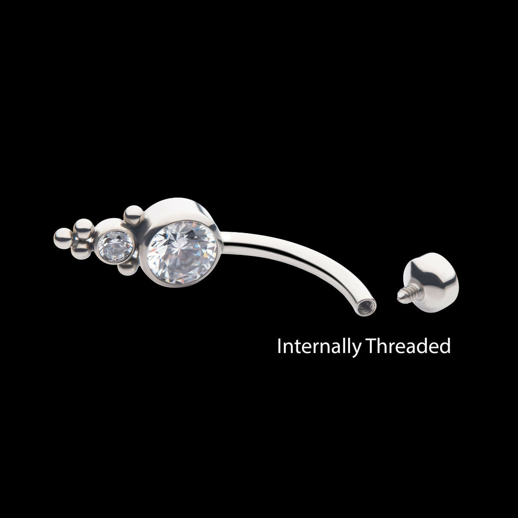 Internally Threaded with Tri Bead Bezel Set CZ Cluster Navel Curve Earring / Nosering – Titanium