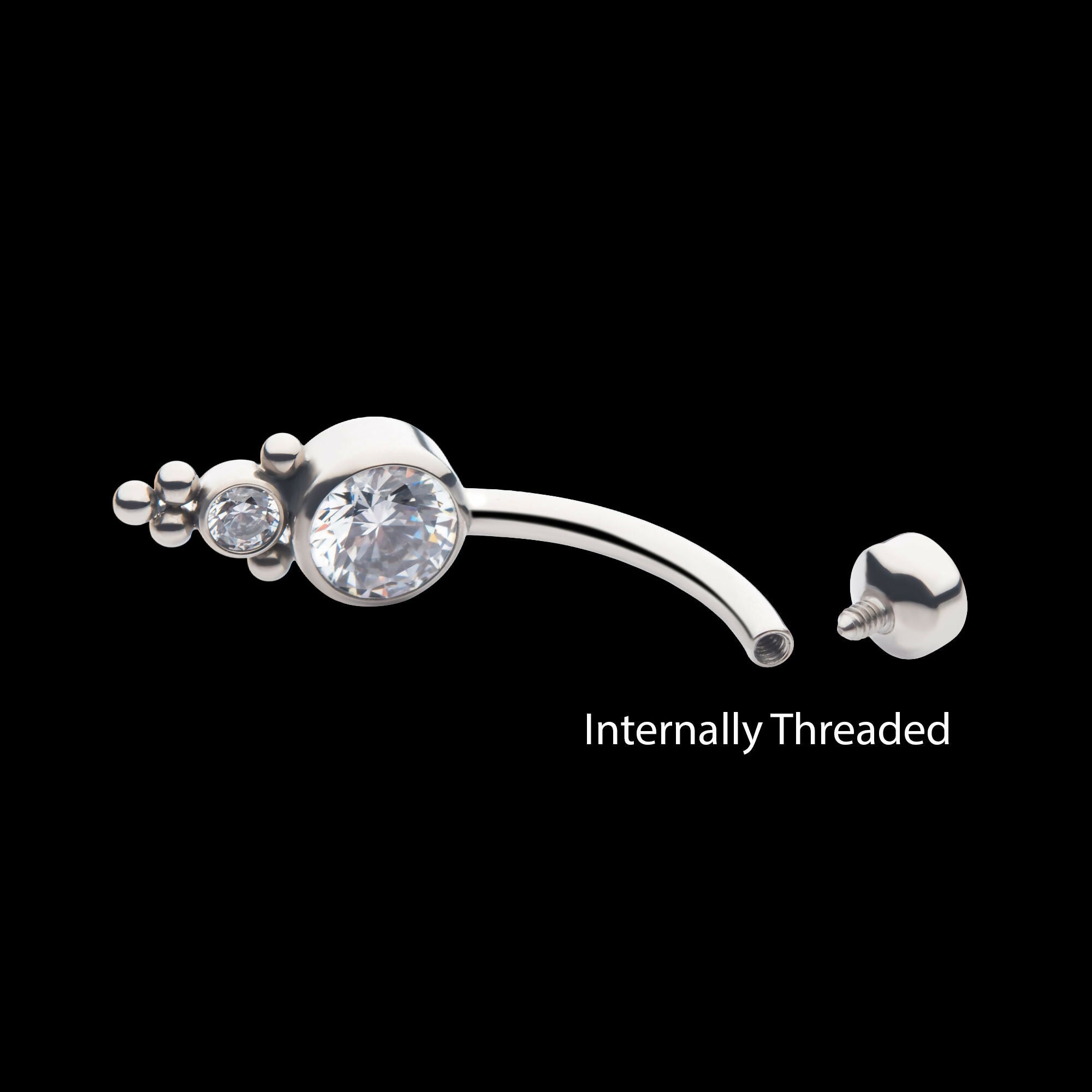 Internally Threaded with Tri Bead Bezel Set CZ Cluster Navel Curve Earring / Nosering – Titanium