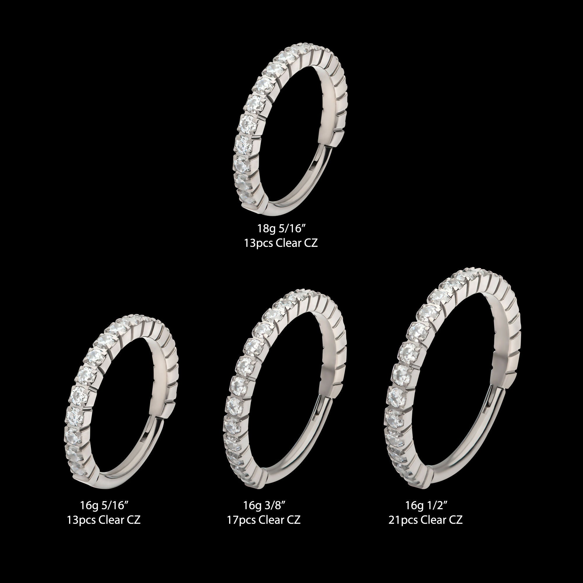Prong Set Full Clear CZ Side Facing Hinged Segment Clicker Hoop Earring / Nosering – Titanium