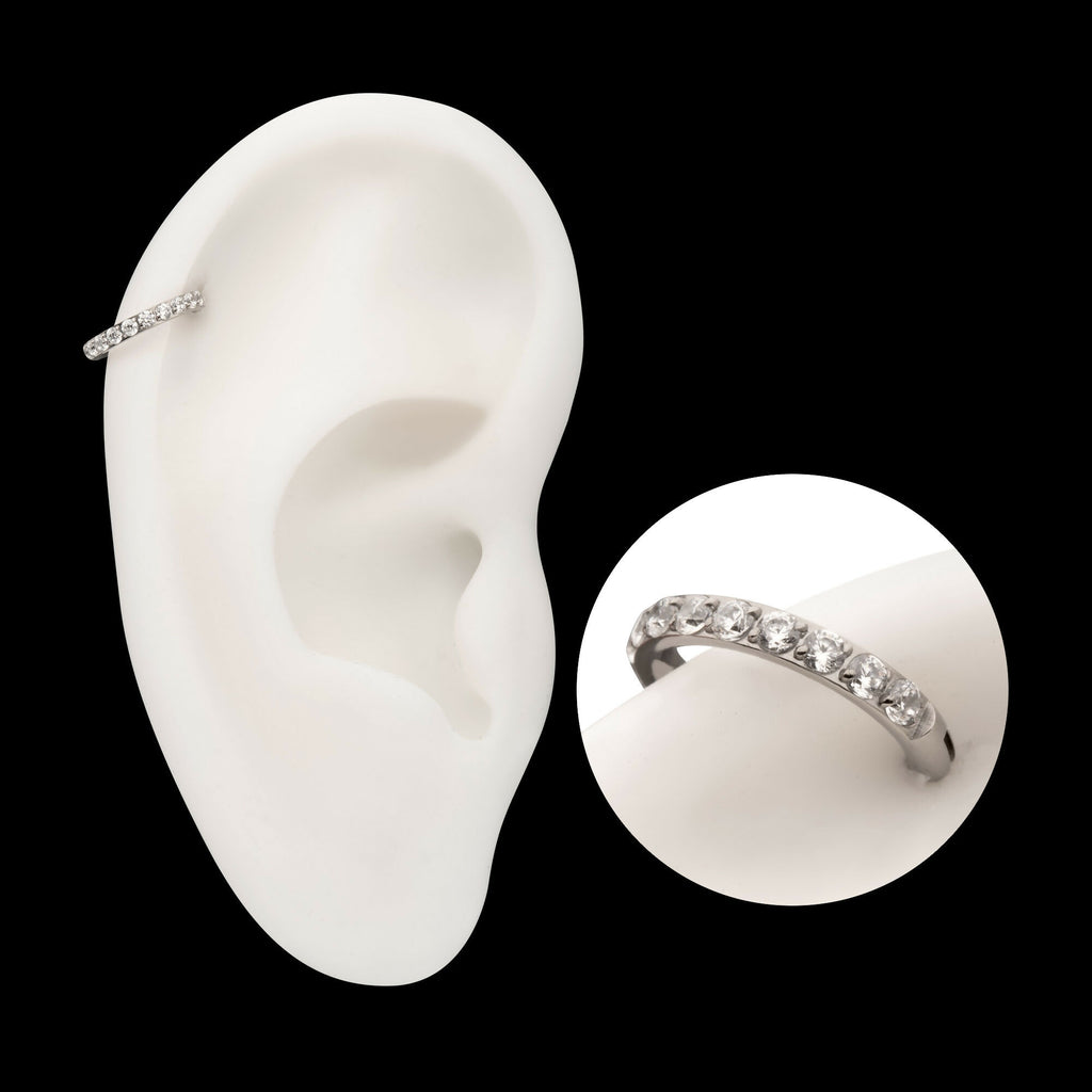 CNC Set Full Clear CZ Eternity Gem with Thicker Outer Hoop Side Facing Hinged Segment Clicker Earring / Nosering – Titanium
