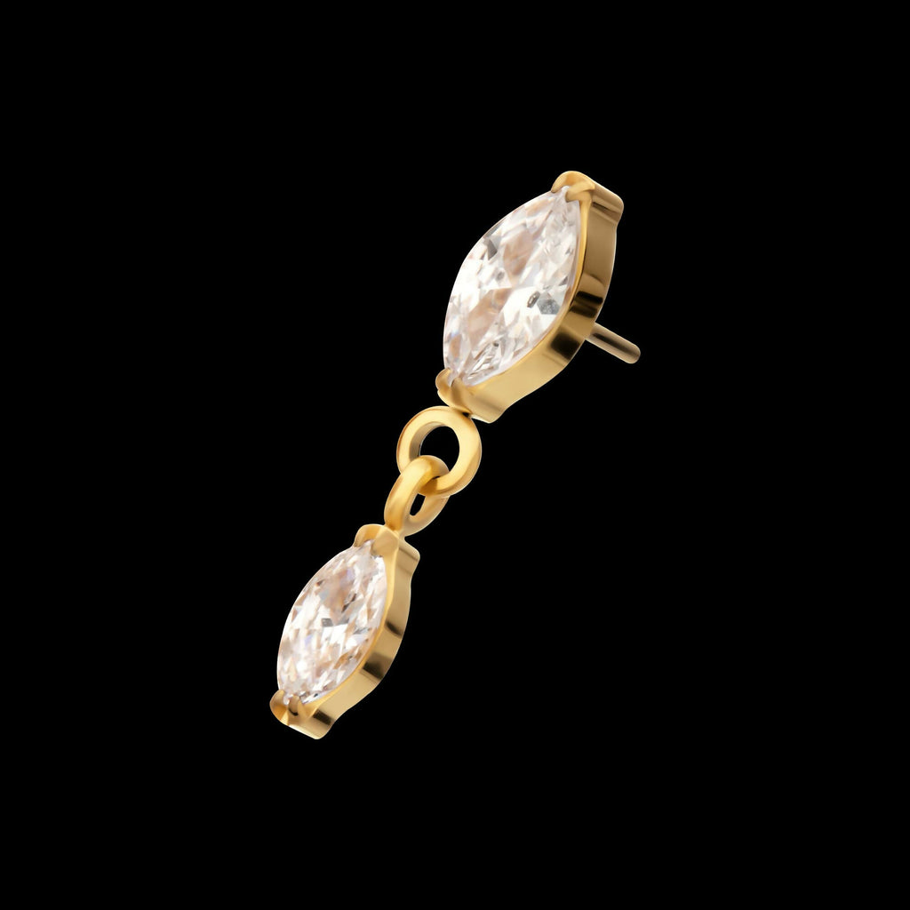 24KT Gold PVD Titanium Threadless Prong Set Double Marquise Gem Dangle Top