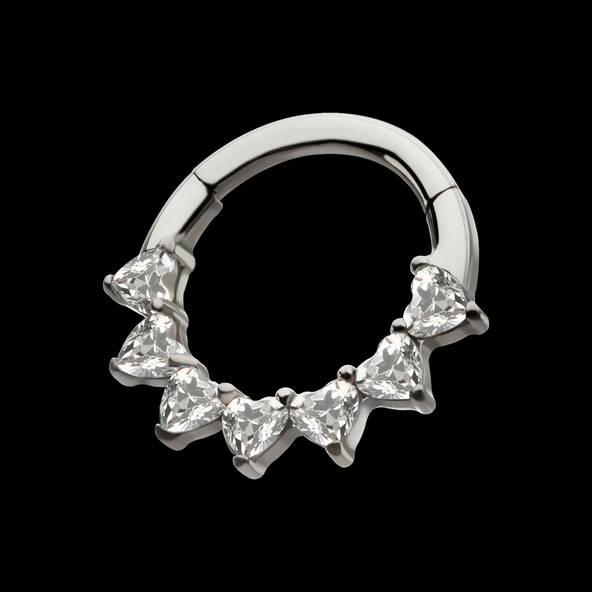 Seven Heart-Cut Gem Front Facing Hinged Segment Clicker Hoop Earring / Nosering – Titanium