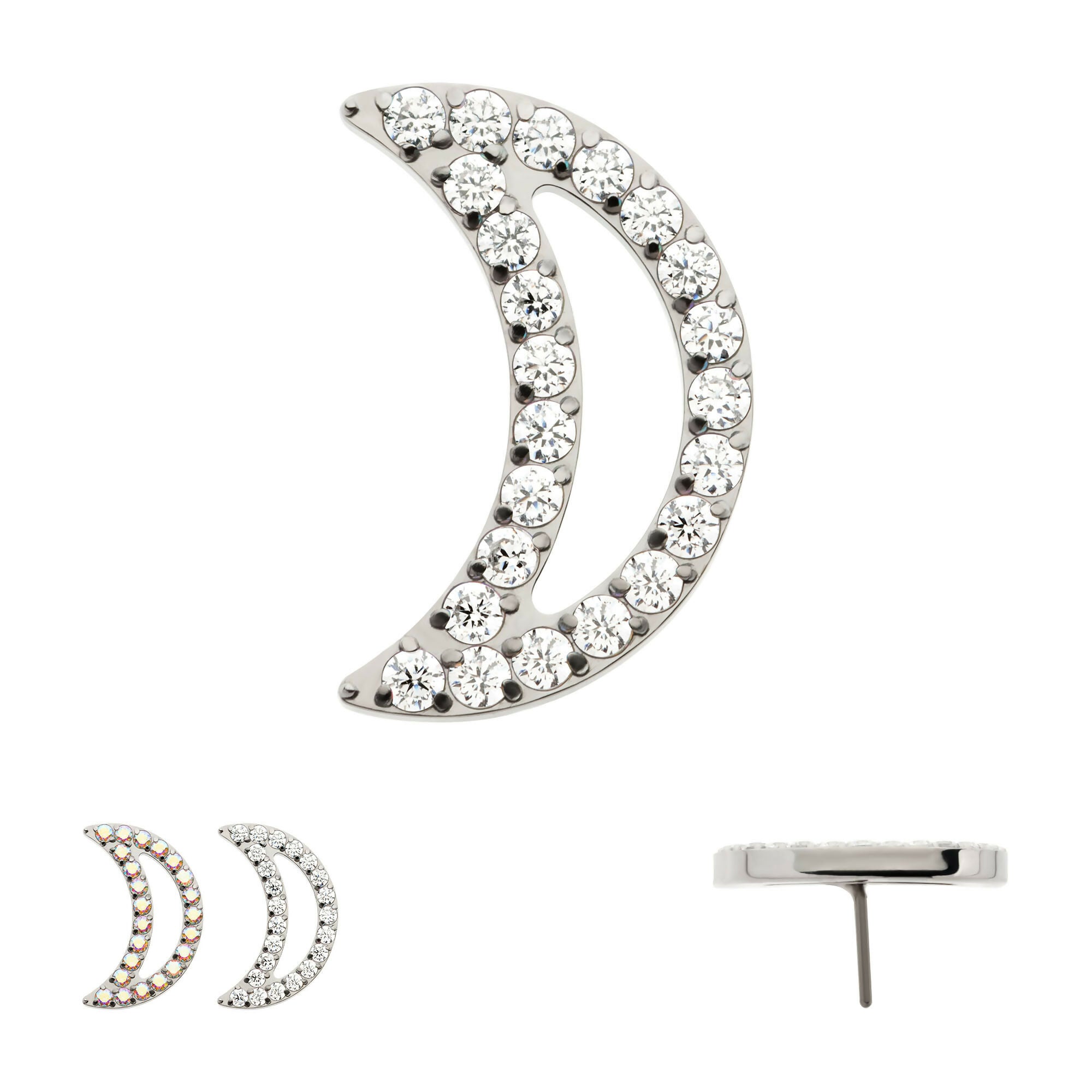 Cut Out Crescent Moon with Pave Set Clustered CZ Flatback Stud Earring / Nosering - CZ in Titanium