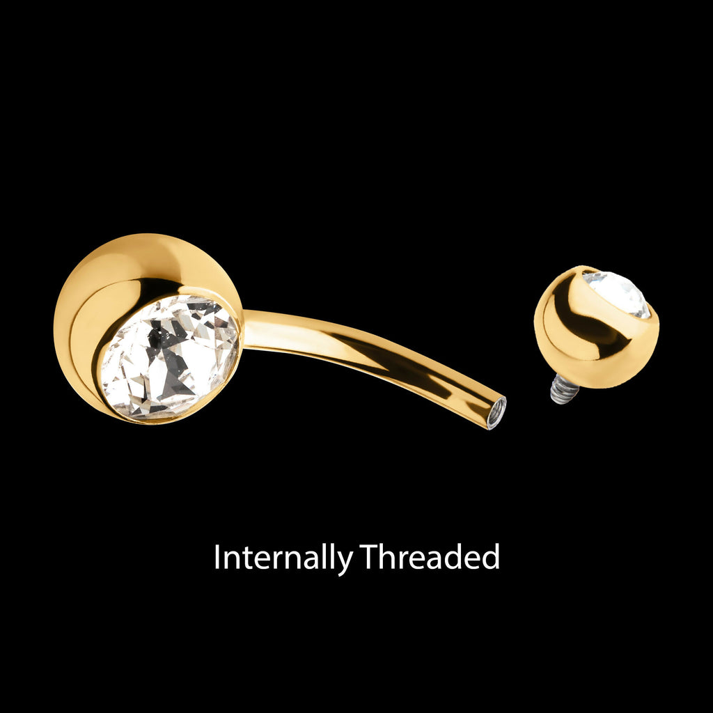 24Kt Gold PVD Titanium Internally Threaded Double Bezel Set Swarovski Crystal Fixed Bottom Navel Earring / Nosering