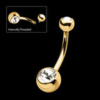 24Kt Gold PVD Titanium Internally Threaded Double Bezel Set Swarovski Crystal Fixed Bottom Navel Earring / Nosering