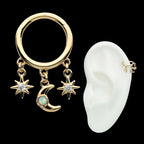 Triple Dangle Charm Clear CZ Stars & Opal Crescent Moon Hinged Segment Clicker Hoop Earring / Nosering – 14Kt Yellow Gold