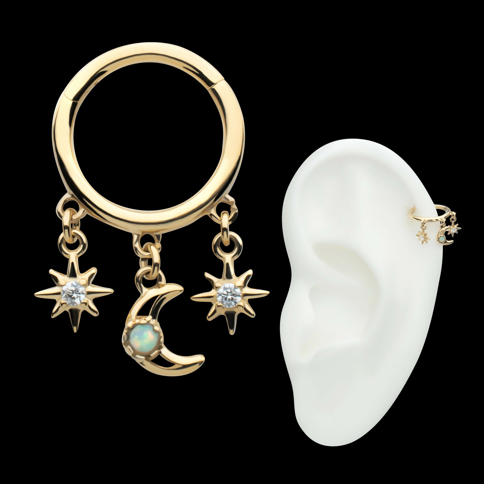Triple Dangle Charm Clear CZ Stars & Opal Crescent Moon Hinged Segment Clicker Hoop Earring / Nosering – 14Kt Yellow Gold