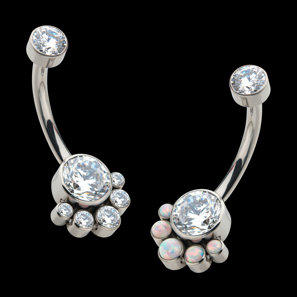 Internally Threaded with 5 Bezel Set Round CZ/Synthetic Opal Terraced Cluster Fixed Navel Earring / Nosering – Titanium