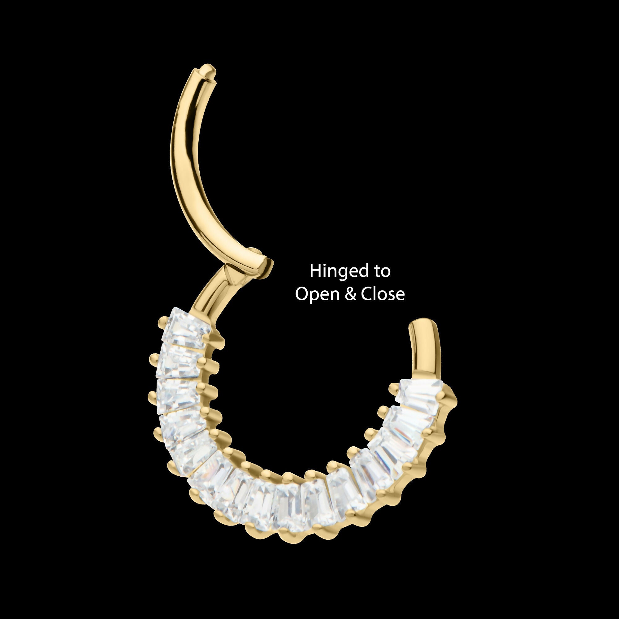 Prong Set Baguette Gem Cluster Front Facing Hinged Segment Clicker Hoop Earring / Nosering – 14kt Gold