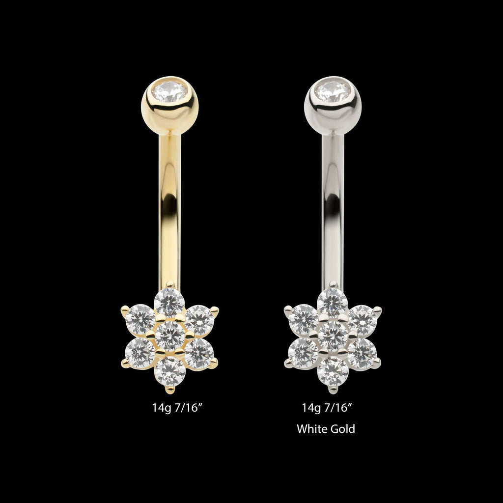 14Kt Gold Internally Threaded Round Clear CZ Flower Shape Fixed Bottom Navel