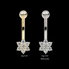 14Kt Gold Internally Threaded Round Clear CZ Flower Shape Fixed Bottom Navel