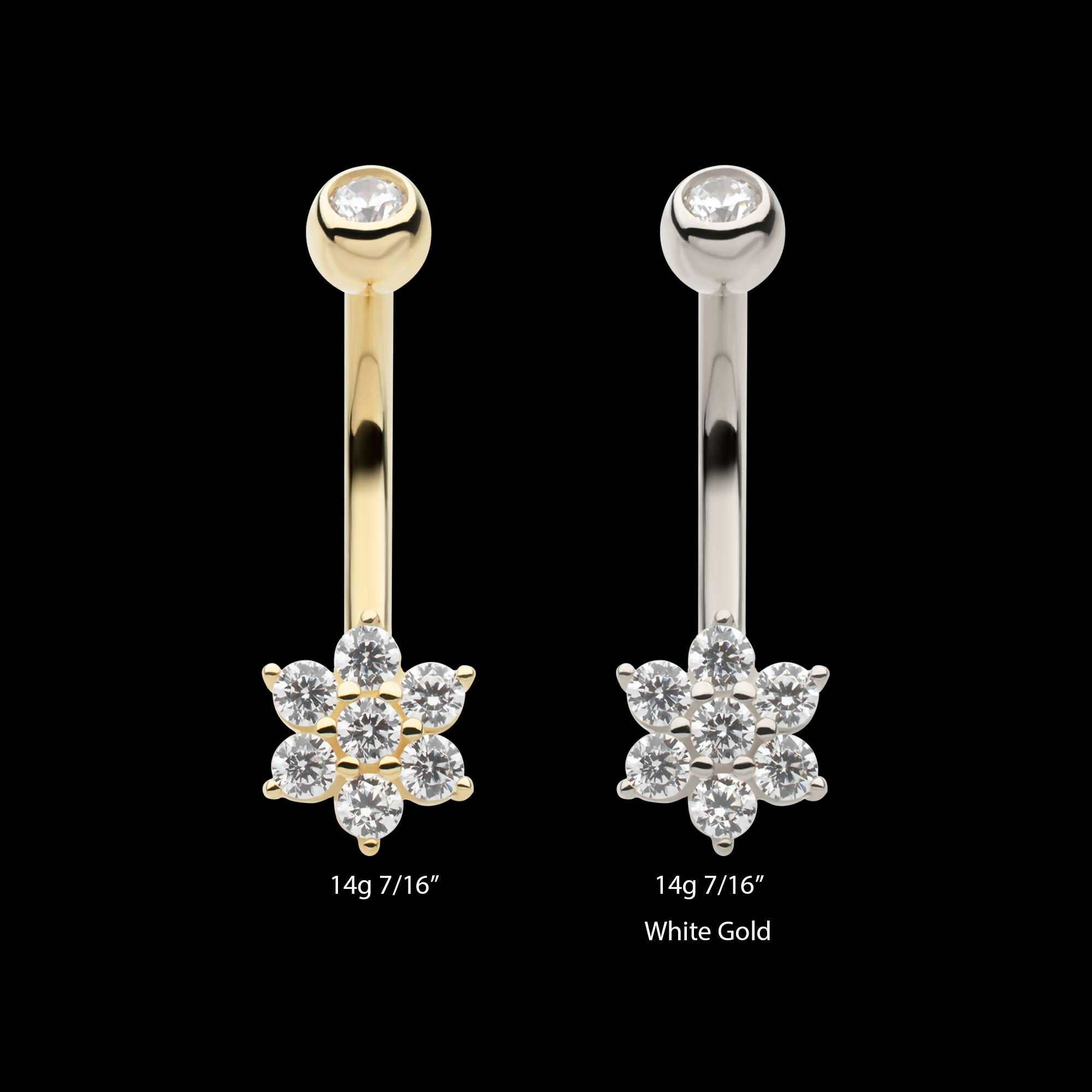 14Kt Gold Internally Threaded Round Clear CZ Flower Shape Fixed Bottom Navel