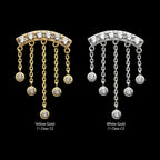 14Kt Gold Threadless 6 Cluster CZ Curved Bar Top with 5 Gemmed Dangle Chains