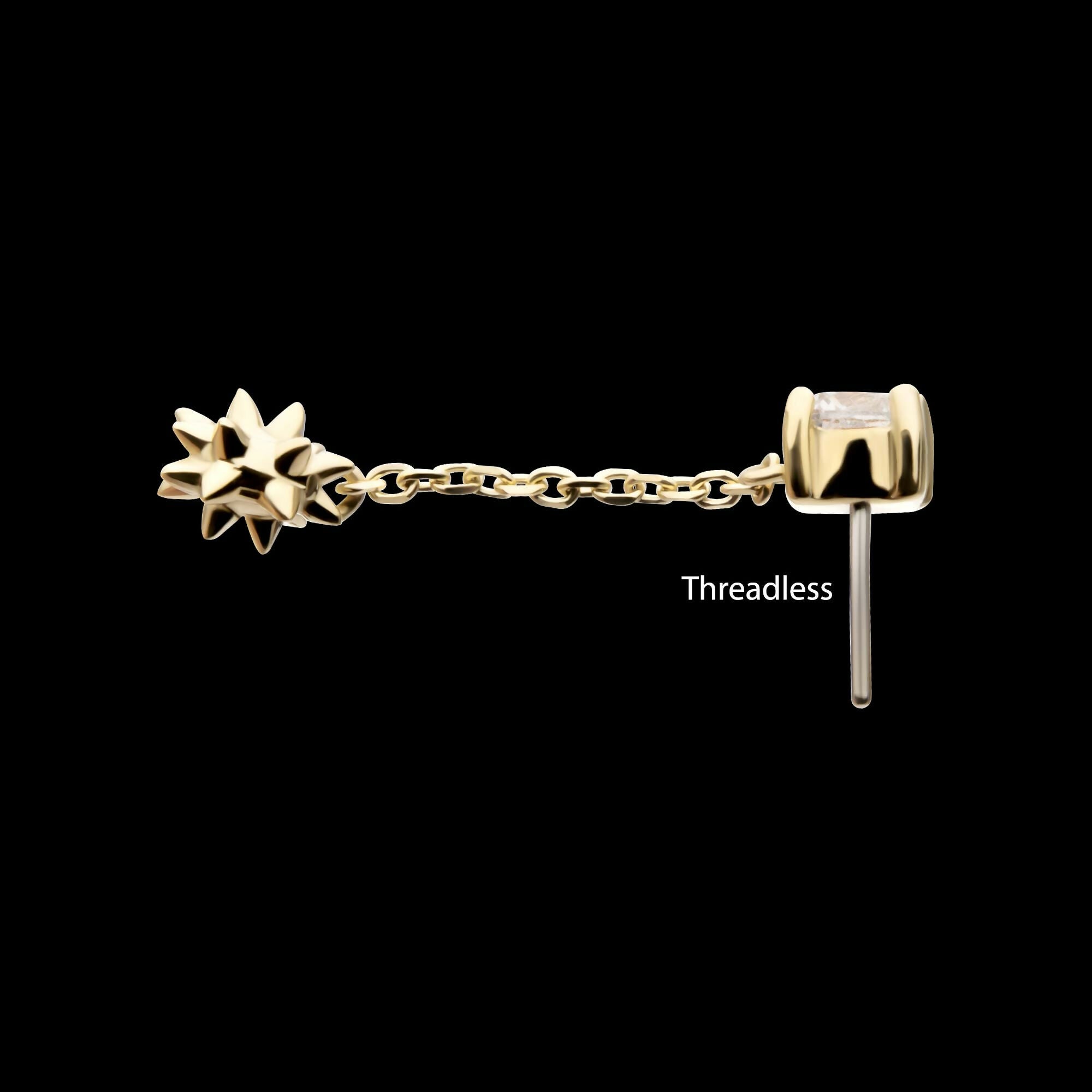 14Kt Gold Threadless Prong Set Gem Top with Mace Ball Dangle