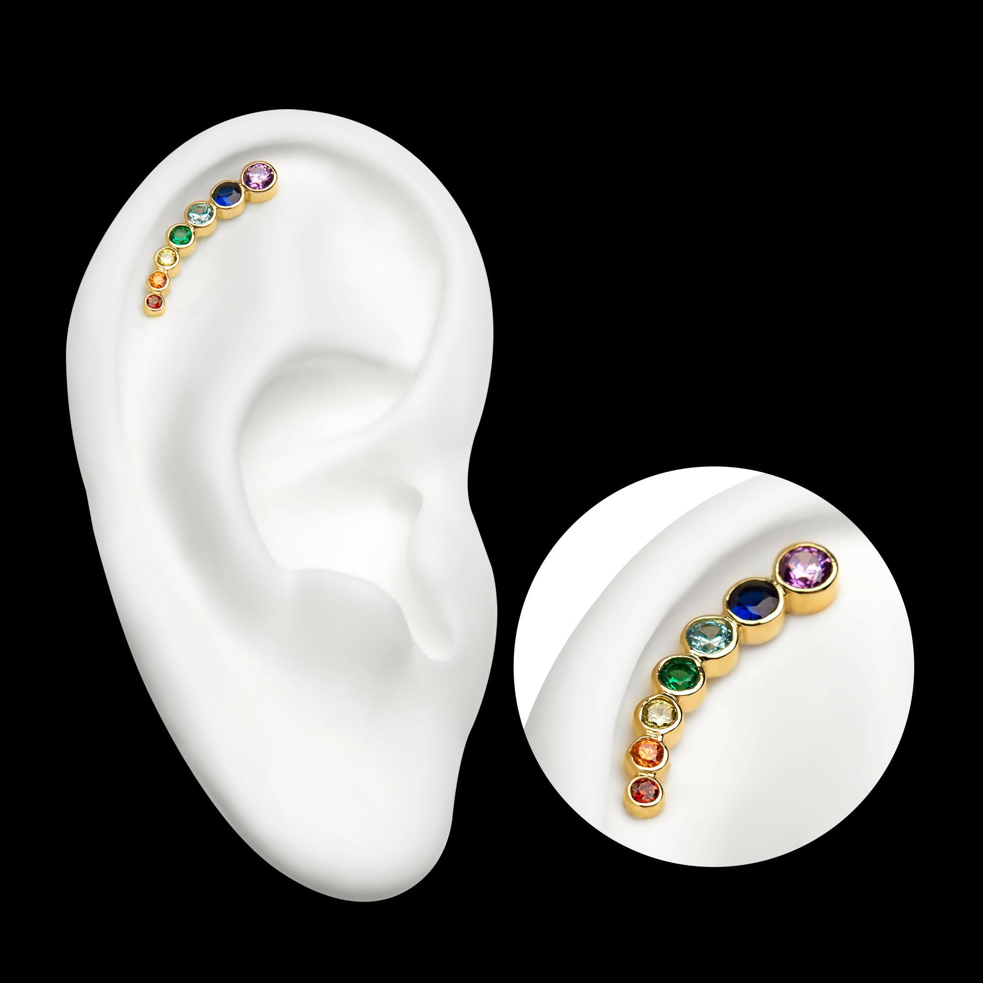 14Kt Yellow Gold Threadless with Bezel Set Rainbow CZ 7-Cluster Top (Right Ear)