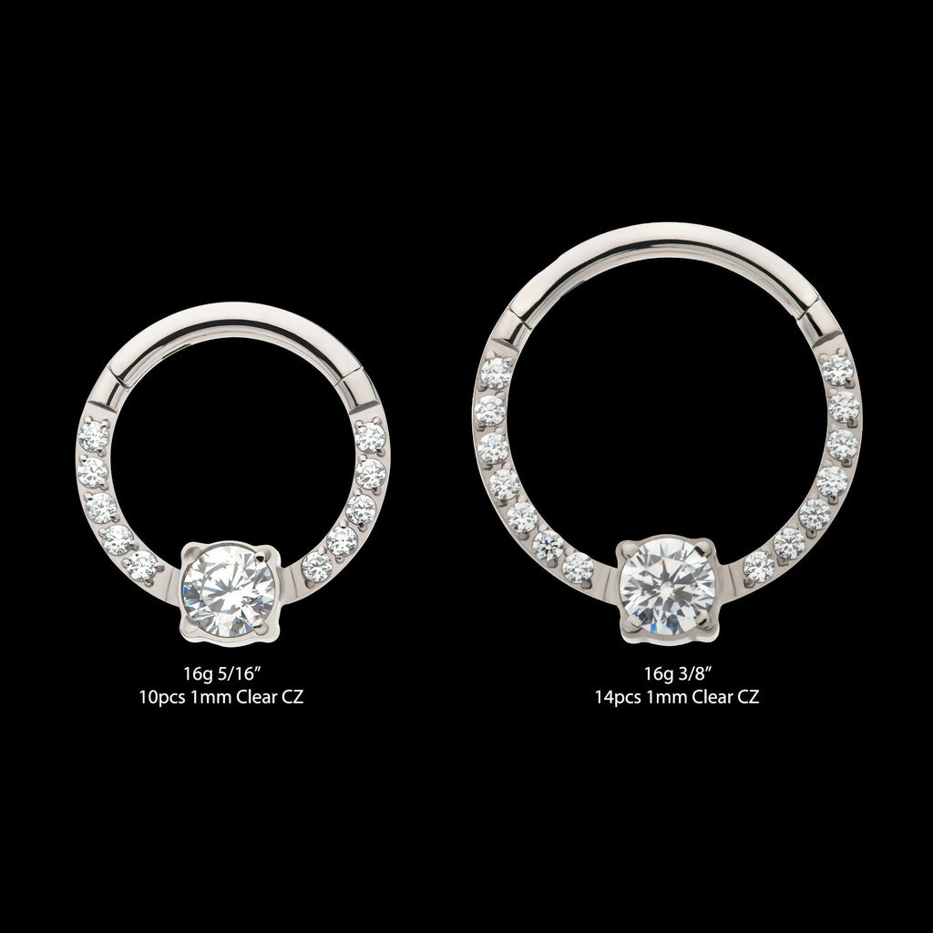 1mm CNC Set Full Clear CZ & Big Round CZ Front Facing Hinged Segment Clicker Hoop Earring / Nosering – Titanium
