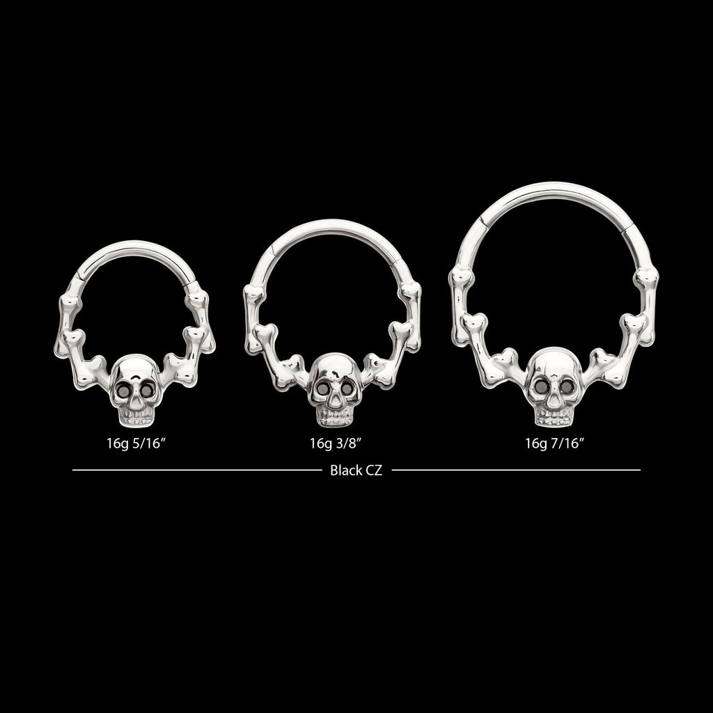 Skull & Bone with Black CZ Gem Eyes Front Facing Hinged Segment Clicker Hoop Earring / Nosering – Titanium