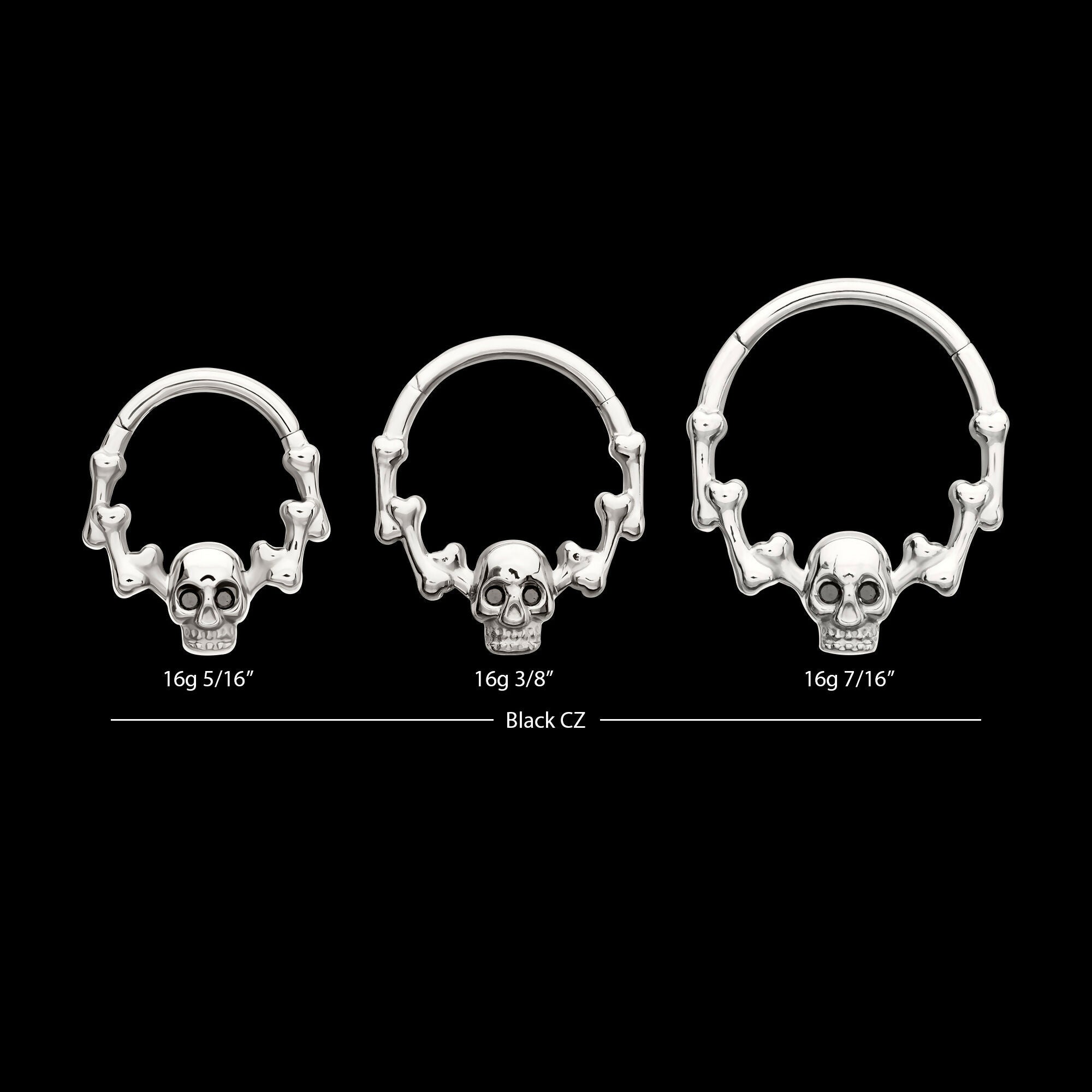 Skull & Bone with Black CZ Gem Eyes Front Facing Hinged Segment Clicker Hoop Earring / Nosering – Titanium