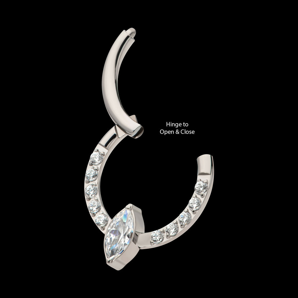 1mm CNC Set Full Clear CZ & Big Marquise CZ Front Facing Hinged Segment Clicker Hoop Earring / Nosering – Titanium