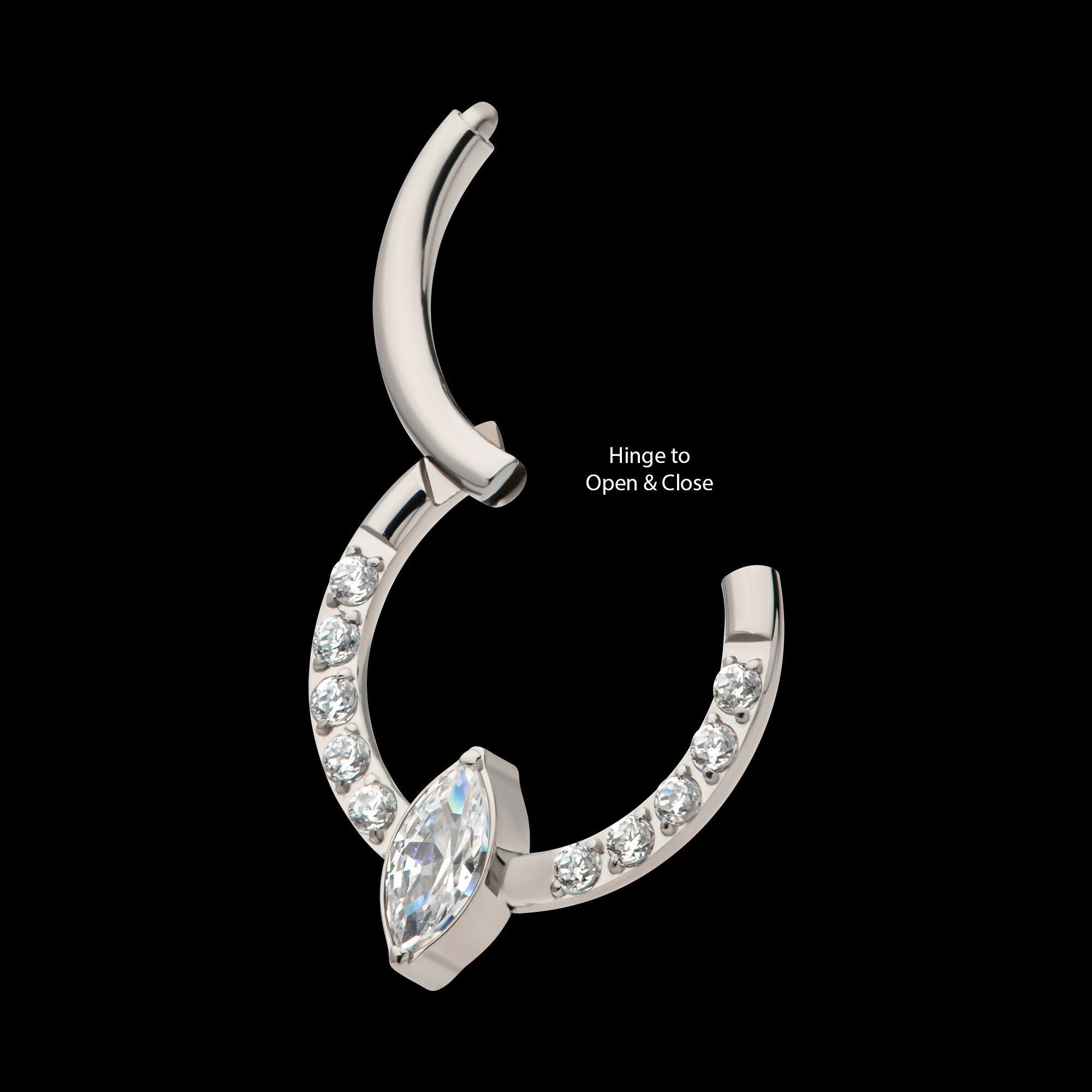 1mm CNC Set Full Clear CZ & Big Marquise CZ Front Facing Hinged Segment Clicker Hoop Earring / Nosering – Titanium